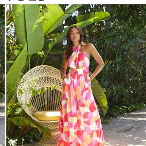 VICI PATRICIO SATIN POCKETED HALTER JUMPSUIT pink and orange xs